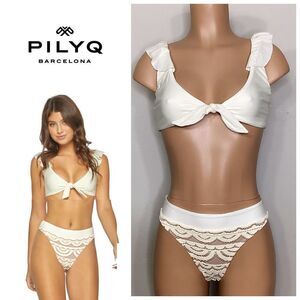 New. Pilyq ivory lace and ruffle bikini set. Small. Retails $179